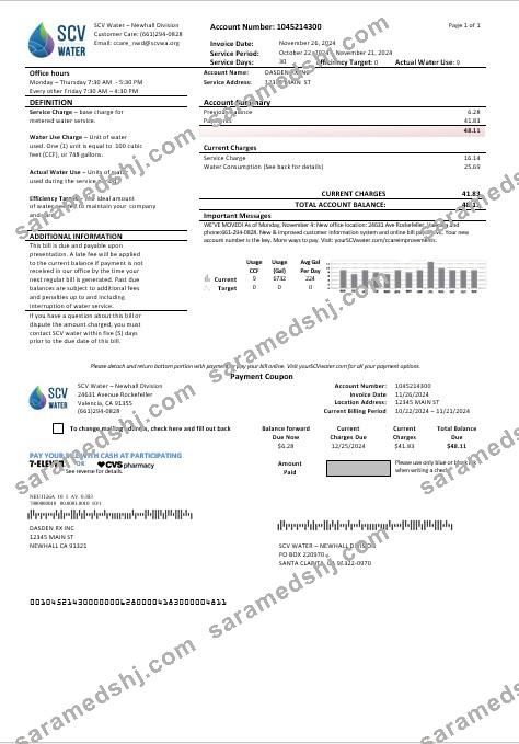 USA California Santa Clarita SCV Water business utility bill template in Word and PDF formats